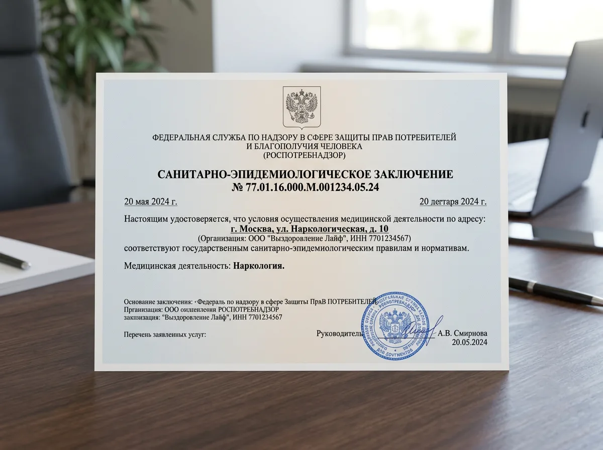 Санитарно-эпидемиологическое заключение Роспотребнадзора для наркологической клиники — официальный документ, печать Роспотребнадзора, горизонтальный бланк